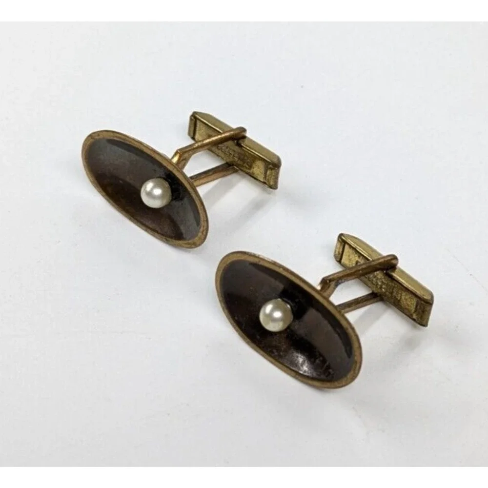 Vintage Brass Mid Century Modern MCM White Faux Pearl Oval Men's Cufflinks